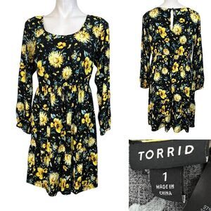 Torrid dress plus size 1x black sunflower print babydoll mini casual floral